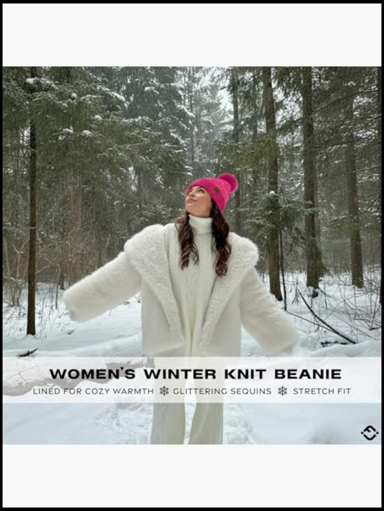 Sequin Pom Beanie, Sparkly Knit Hat with Faux Fur Pom, Stretch Fit main image 4